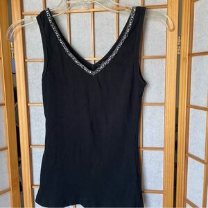Black Ribbed Y2K Tank Top with Rhinestone Embellished Neckline, S